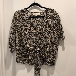 Leopard V-Neck Button-Down Linen Blouse